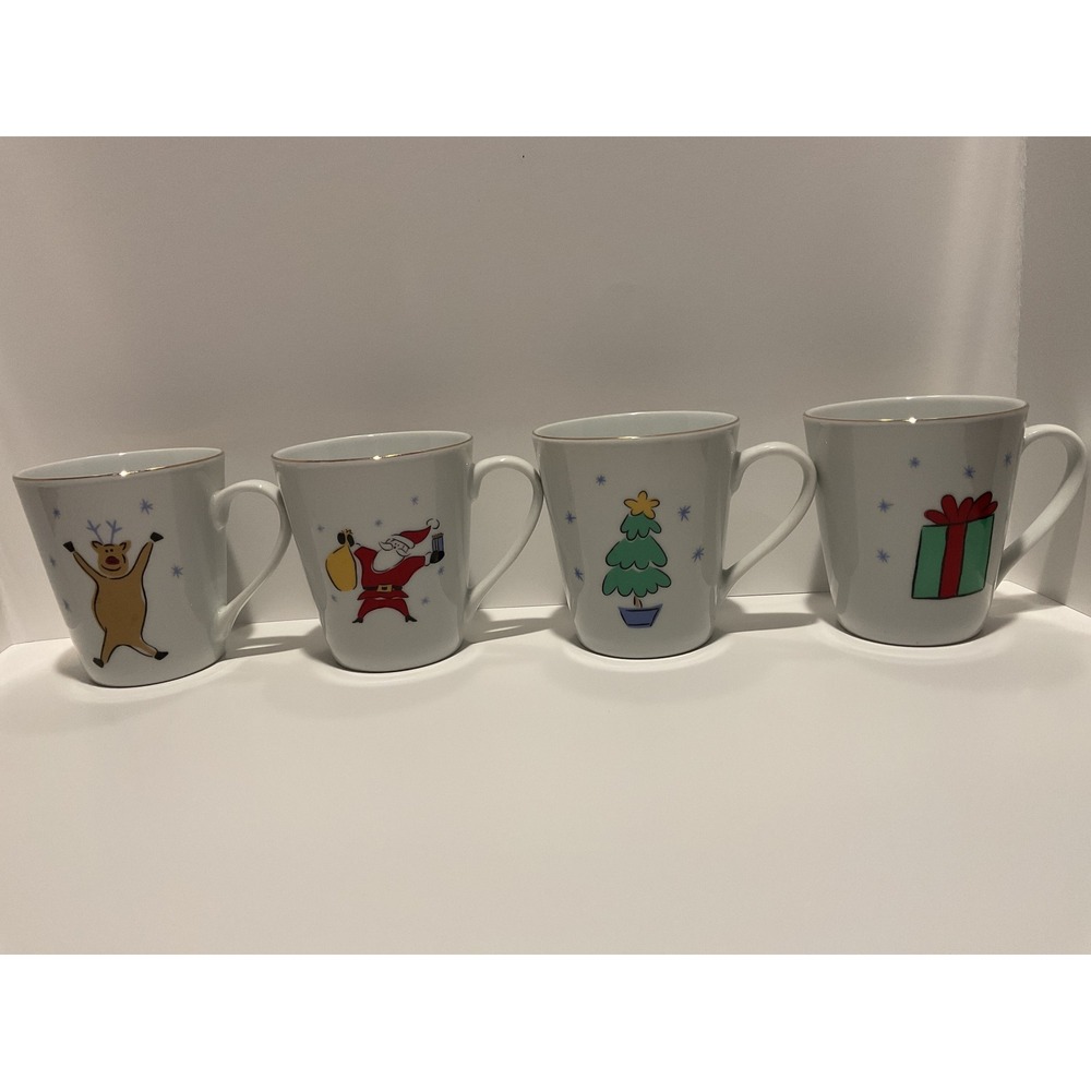 Set‎ of 4 Merry Brite Christmas Mugs Santa Reindeer Tree Gift Gold Rim